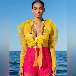 AKIRA ANTOINETTE RHINESTONE TIE FRONT ORGANZA BLOUSE